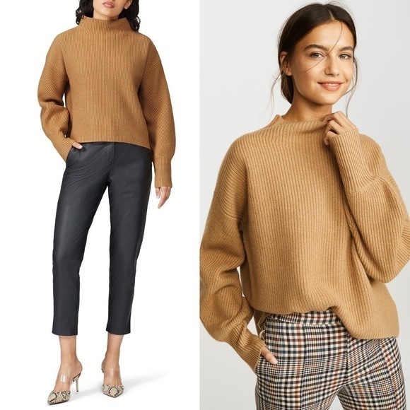 ALC Wool Cashmere Ribbed Knit Oversized Balloon Sleeve Boxy Mockneck Sweater XL - Picture 2 of 16